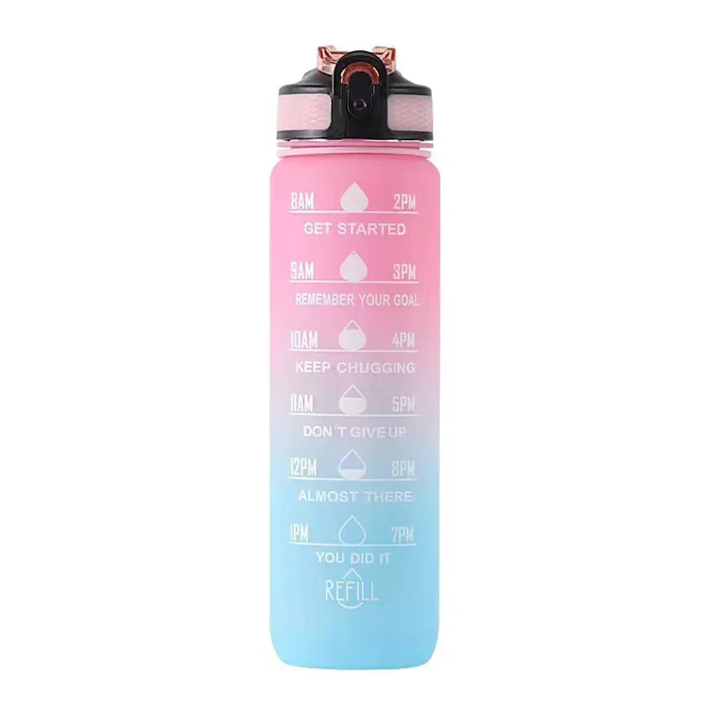 Rezzaura's EcoSip Motivational Water Bottle with Straw and Time Marker 1 L Pink-Blue