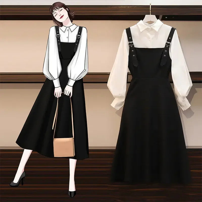 Women's Fashion Shirt and A-Line Dress Two-Piece Set white shirt suit