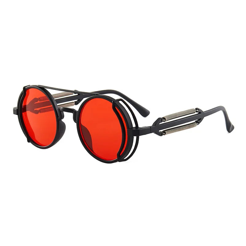 Sunglasses with red lenses and black frames on a white background