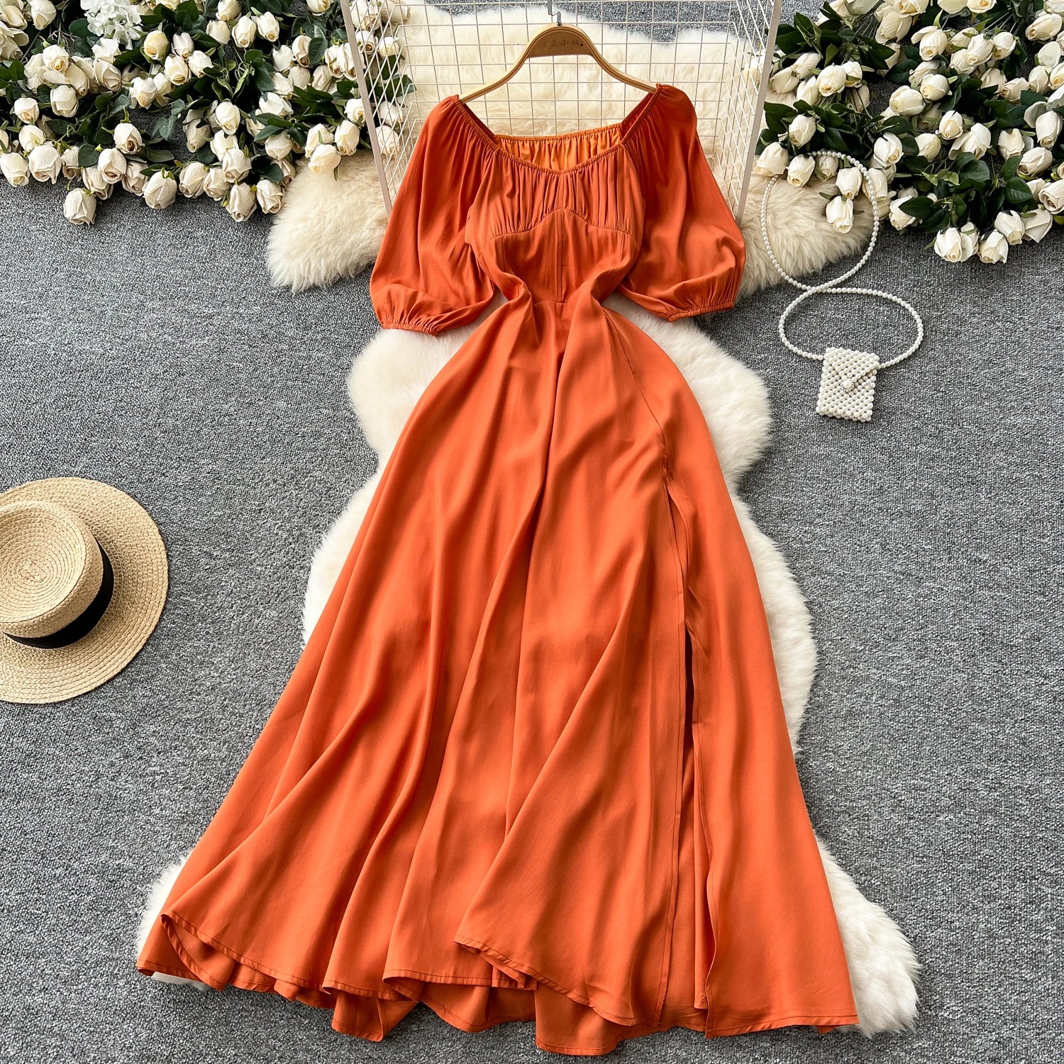 Women's Roman Slit Pleated Midi Dress