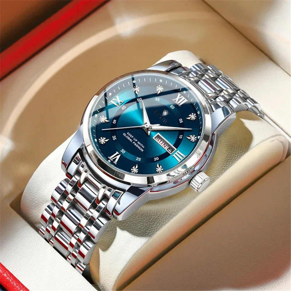 Fashion Quartz Wristwatch Gold Diamond Men Luxury Watch Automatic 936-3Silver Blue