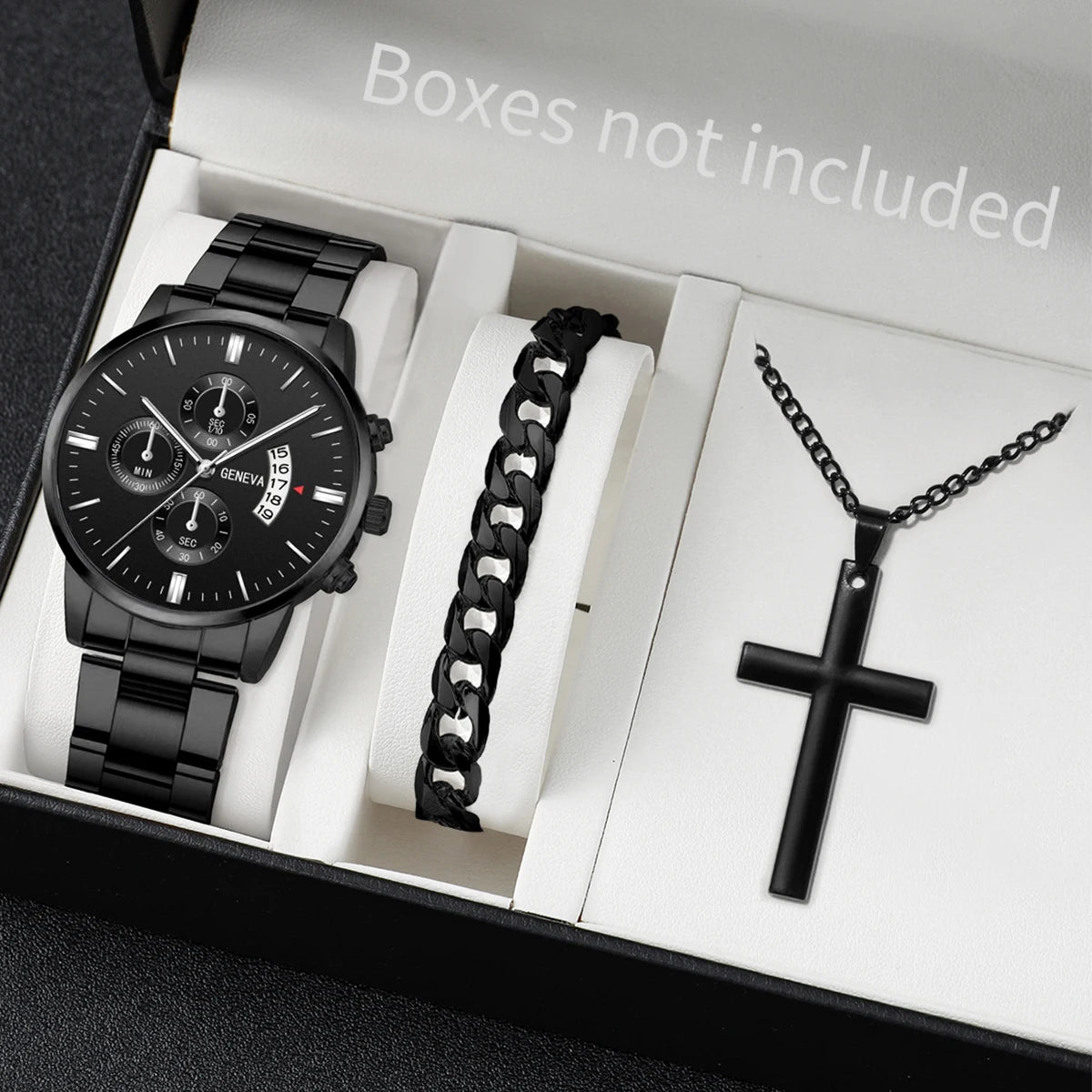 Men's Stainless Steel Quartz Watch Jewelry Set Black Set No Box