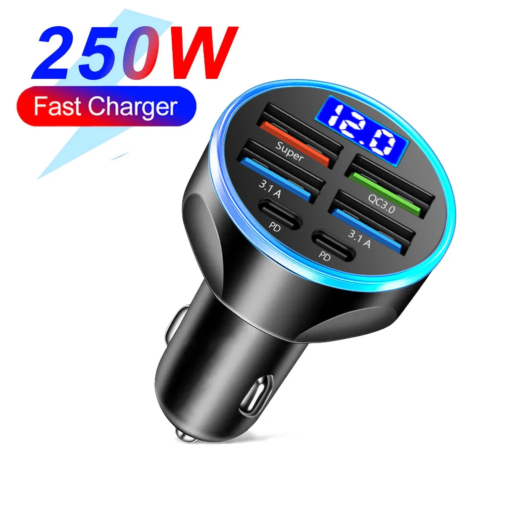PD QC3.0 Car Charger with Digital Display for Vehicles 6 Port Volt display