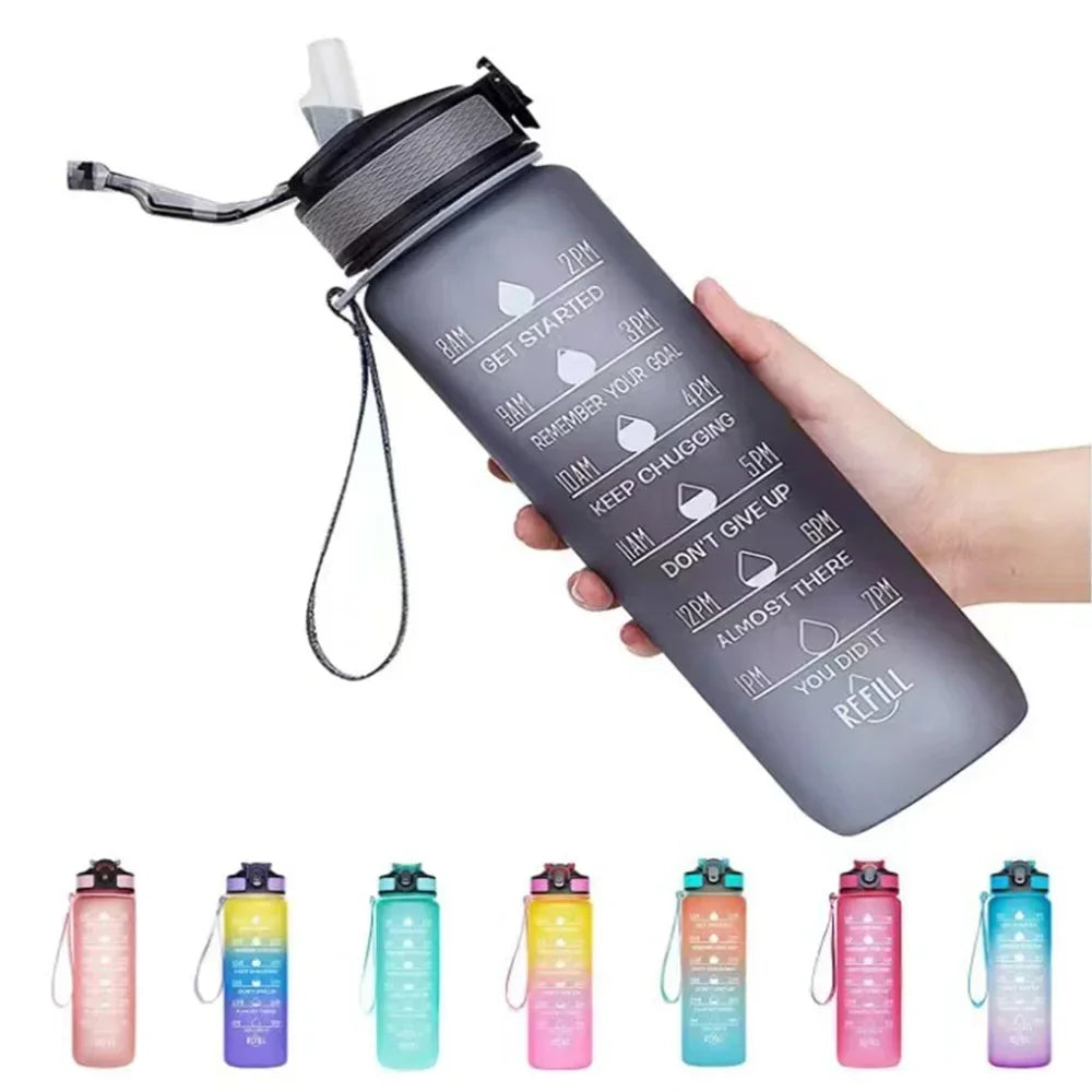 Rezzaura's EcoSip Motivational Water Bottle with Straw and Time Marker 1 L Black
