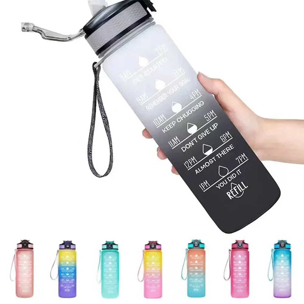 Rezzaura's EcoSip Motivational Water Bottle with Straw and Time Marker 1 L White-Black