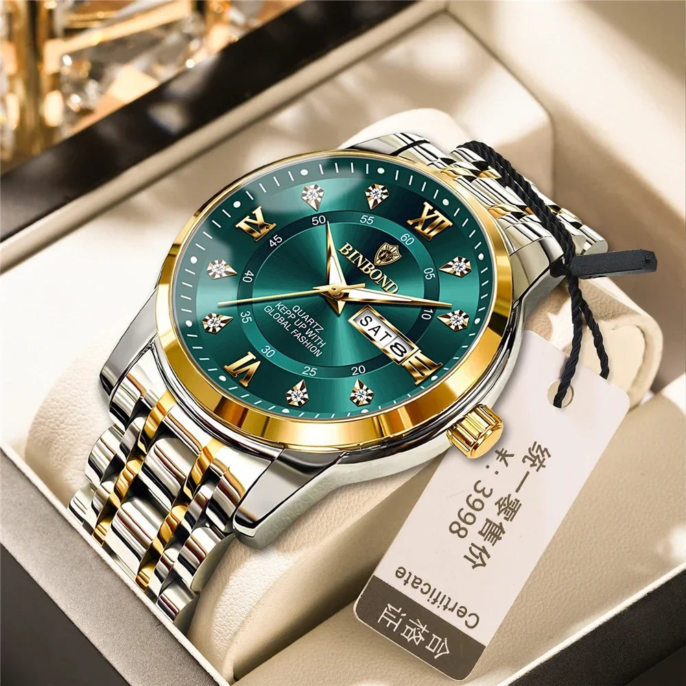 Fashion Quartz Wristwatch Gold Diamond Men Luxury Watch Automatic 936-2Gold Green