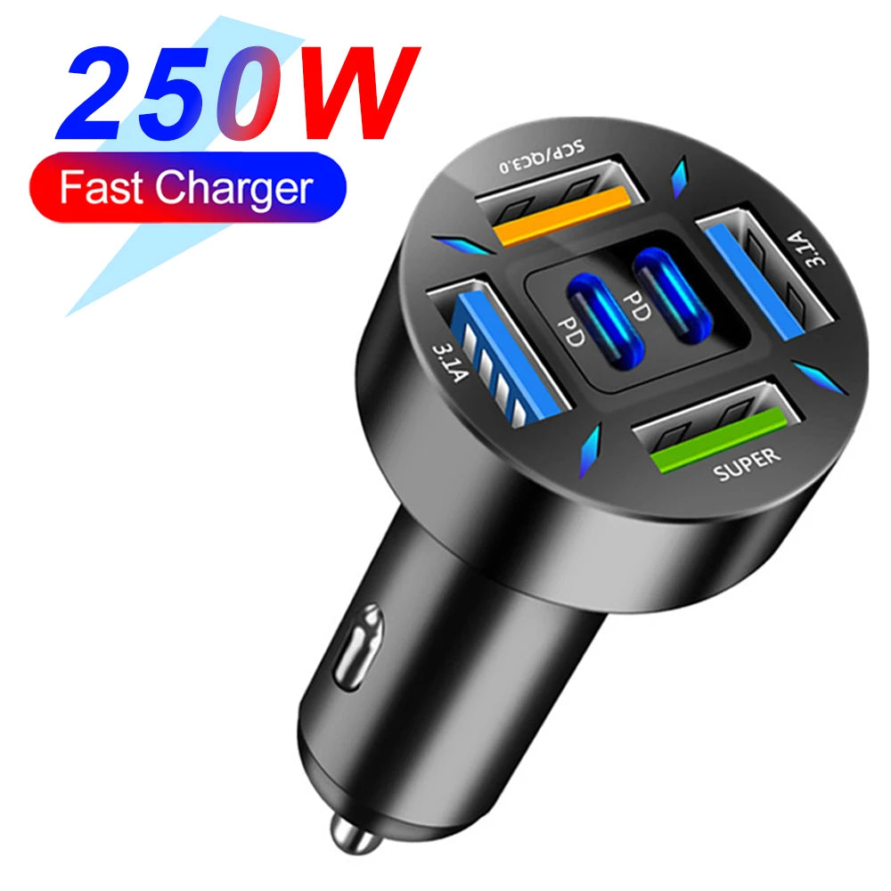 PD QC3.0 Car Charger with Digital Display for Vehicles 6 Port