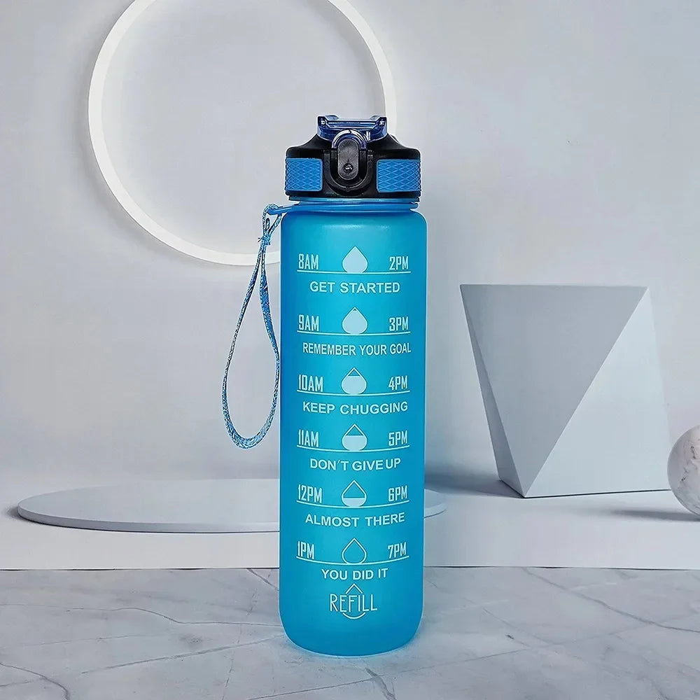 Rezzaura's EcoSip Motivational Water Bottle with Straw and Time Marker 1 L Blue