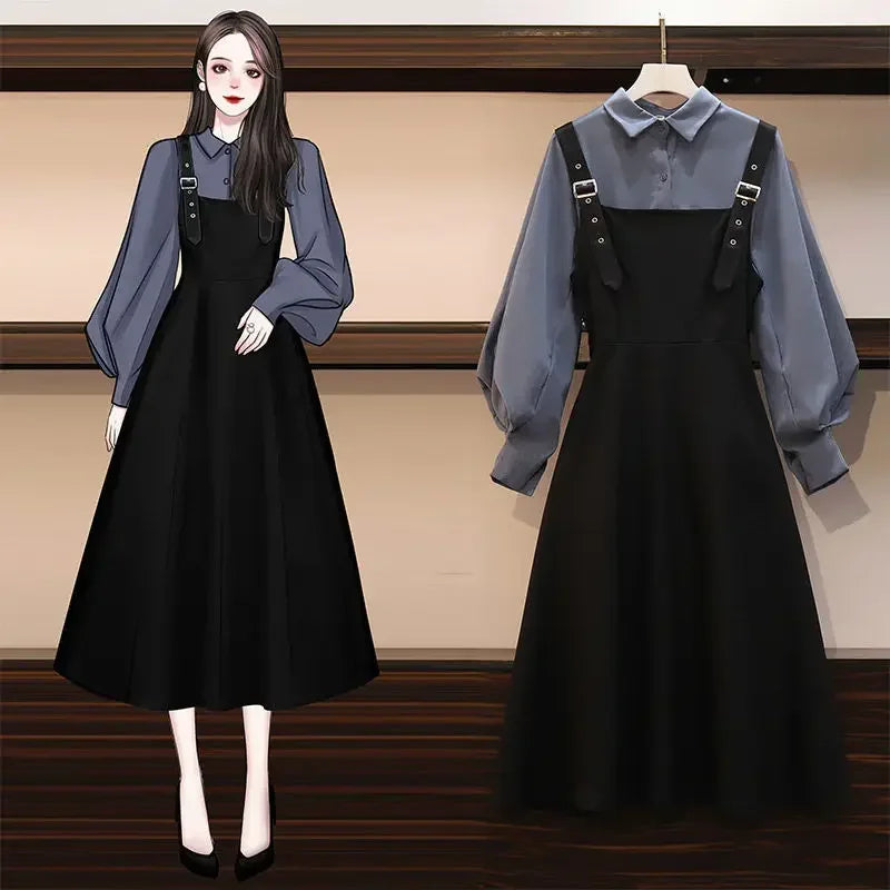 Women's Fashion Shirt and A-Line Dress Two-Piece Set blue shirt suit