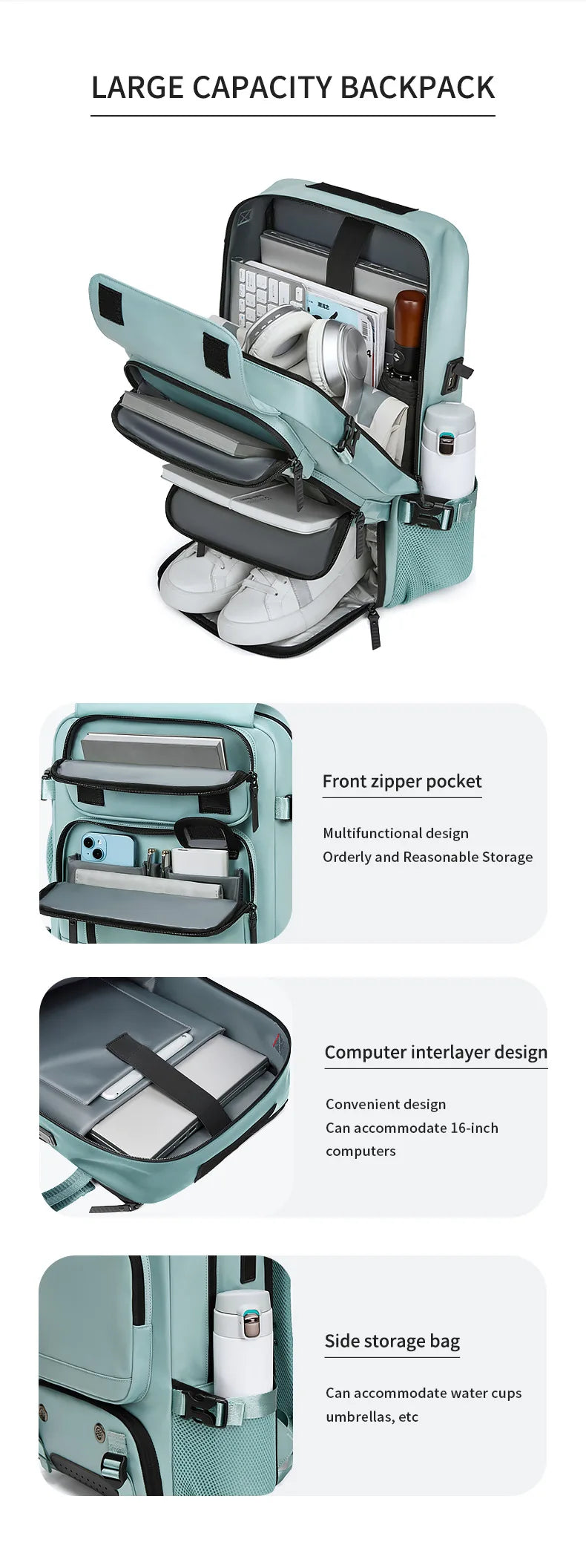 Large Travel Backpack with USB Charging and Shoe Compartment