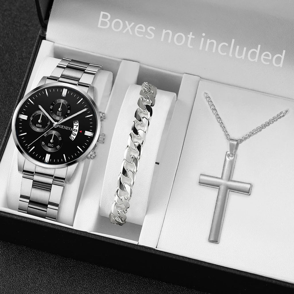 Men's Stainless Steel Quartz Watch Jewelry Set