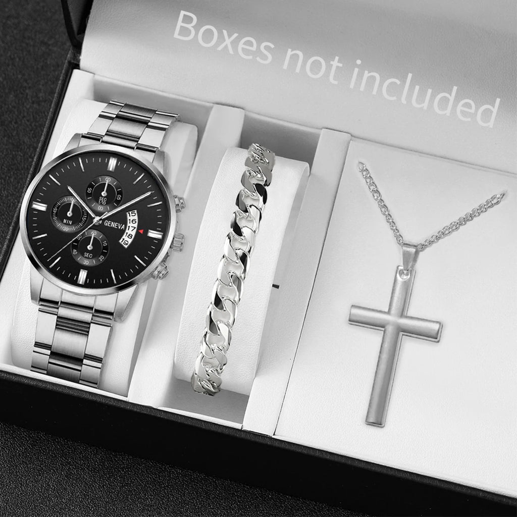 Men's Stainless Steel Quartz Watch Jewelry Set Silver Set No Box