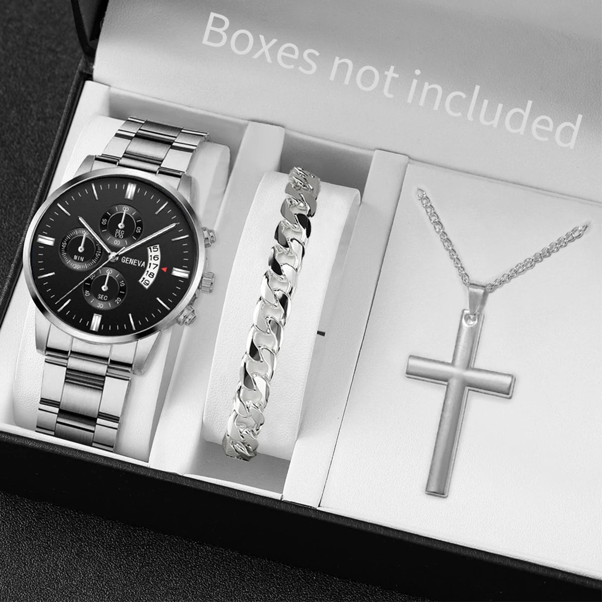 Men's Stainless Steel Quartz Watch Jewelry Set Silver Set No Box