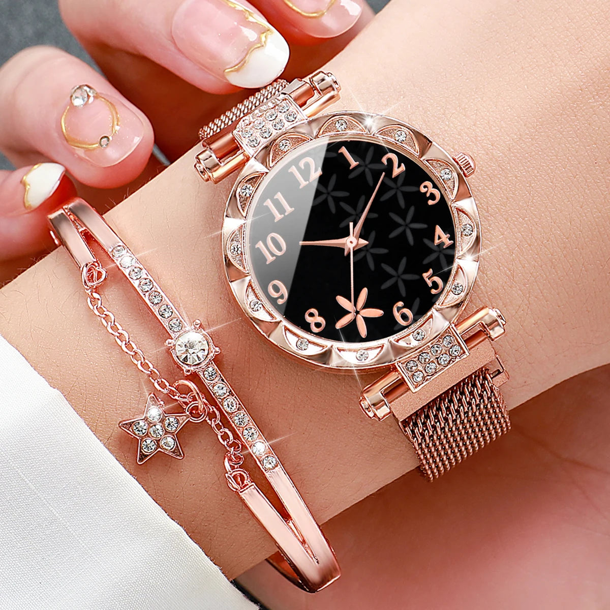 Women's Flower Dial Quartz Watch & Star Bracelet Set