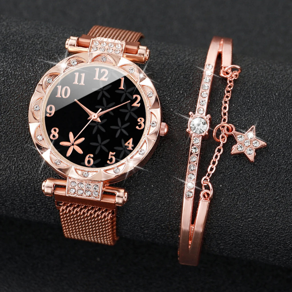 Women's Flower Dial Quartz Watch & Star Bracelet Set