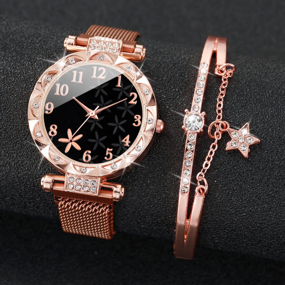 Women's Flower Dial Quartz Watch & Star Bracelet Set