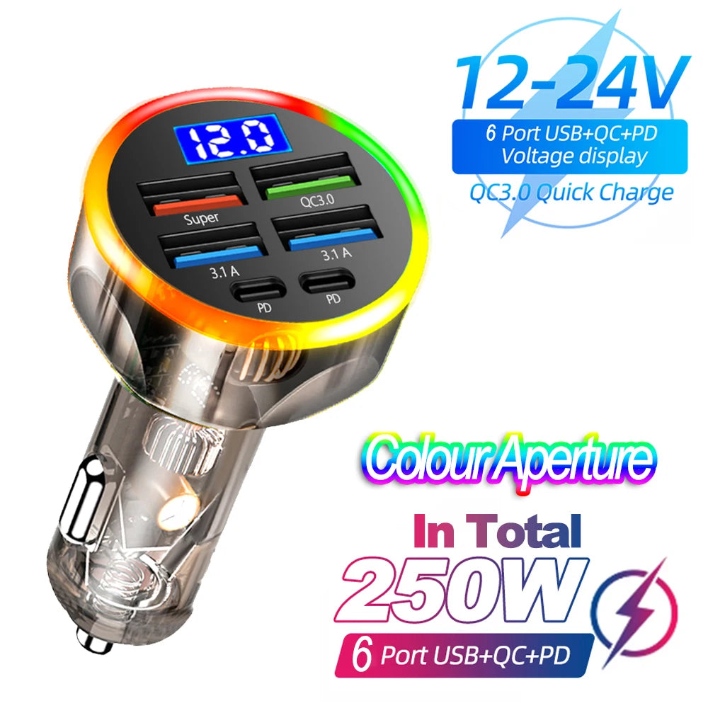 PD QC3.0 Car Charger with Digital Display for Vehicles 6-ports Colour