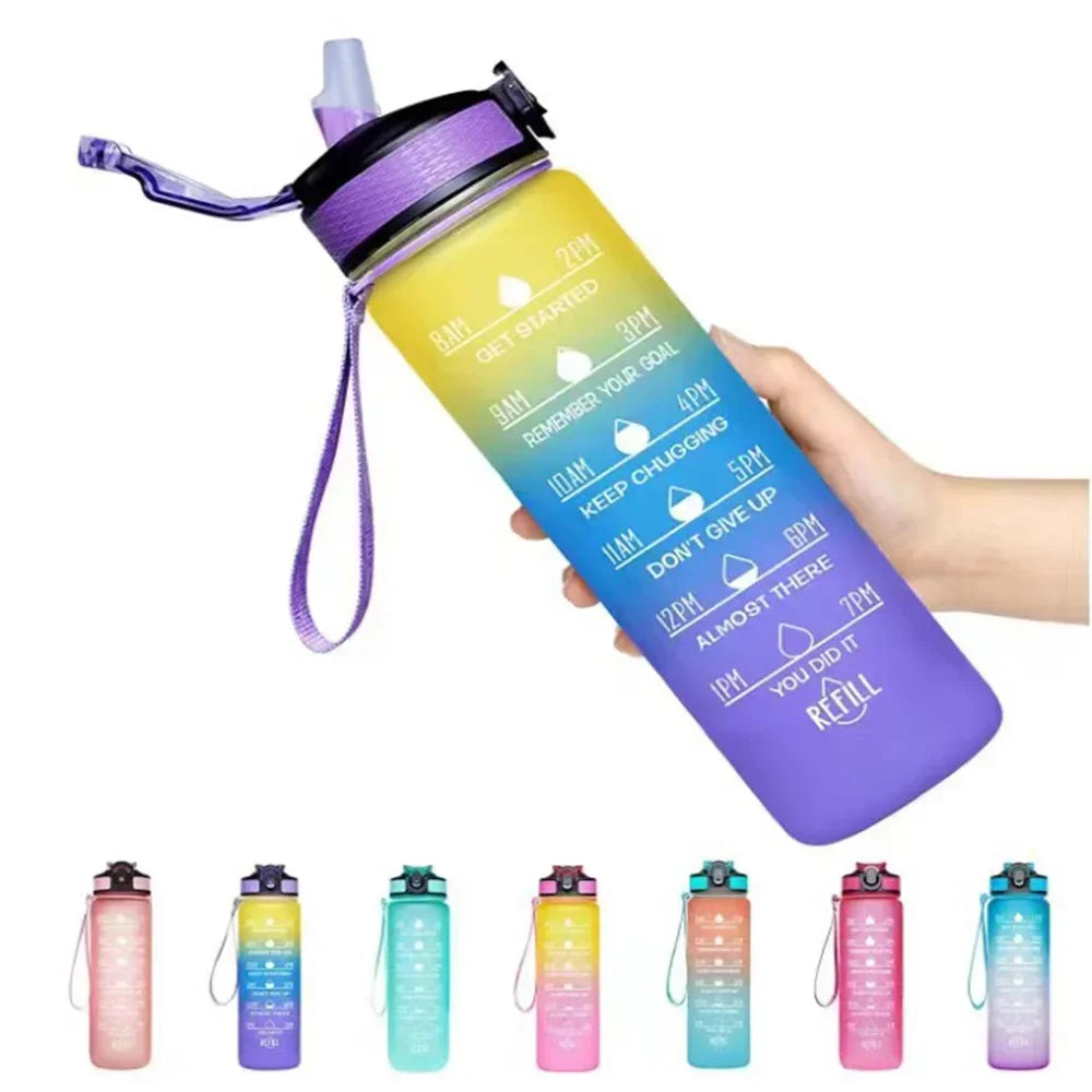 Rezzaura's EcoSip Motivational Water Bottle with Straw and Time Marker 1 L Yellow-Purple