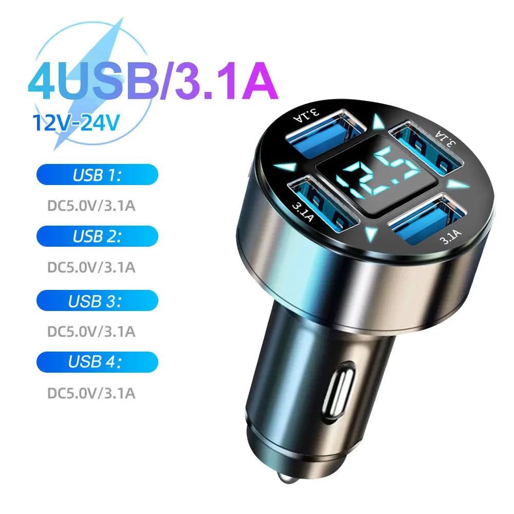 PD QC3.0 Car Charger with Digital Display for Vehicles 4 Port Volt display