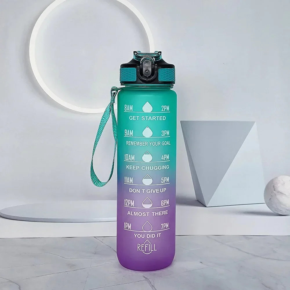 Rezzaura's EcoSip Motivational Water Bottle with Straw and Time Marker 1 L Green-Purple