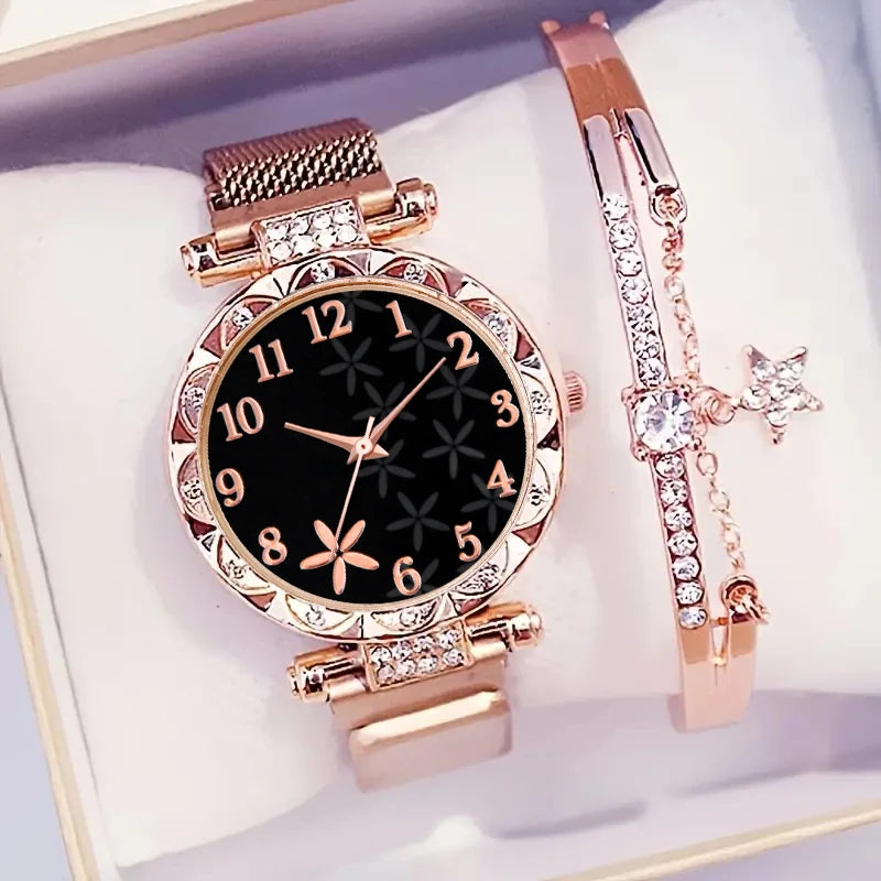 Women's Flower Dial Quartz Watch & Star Bracelet Set