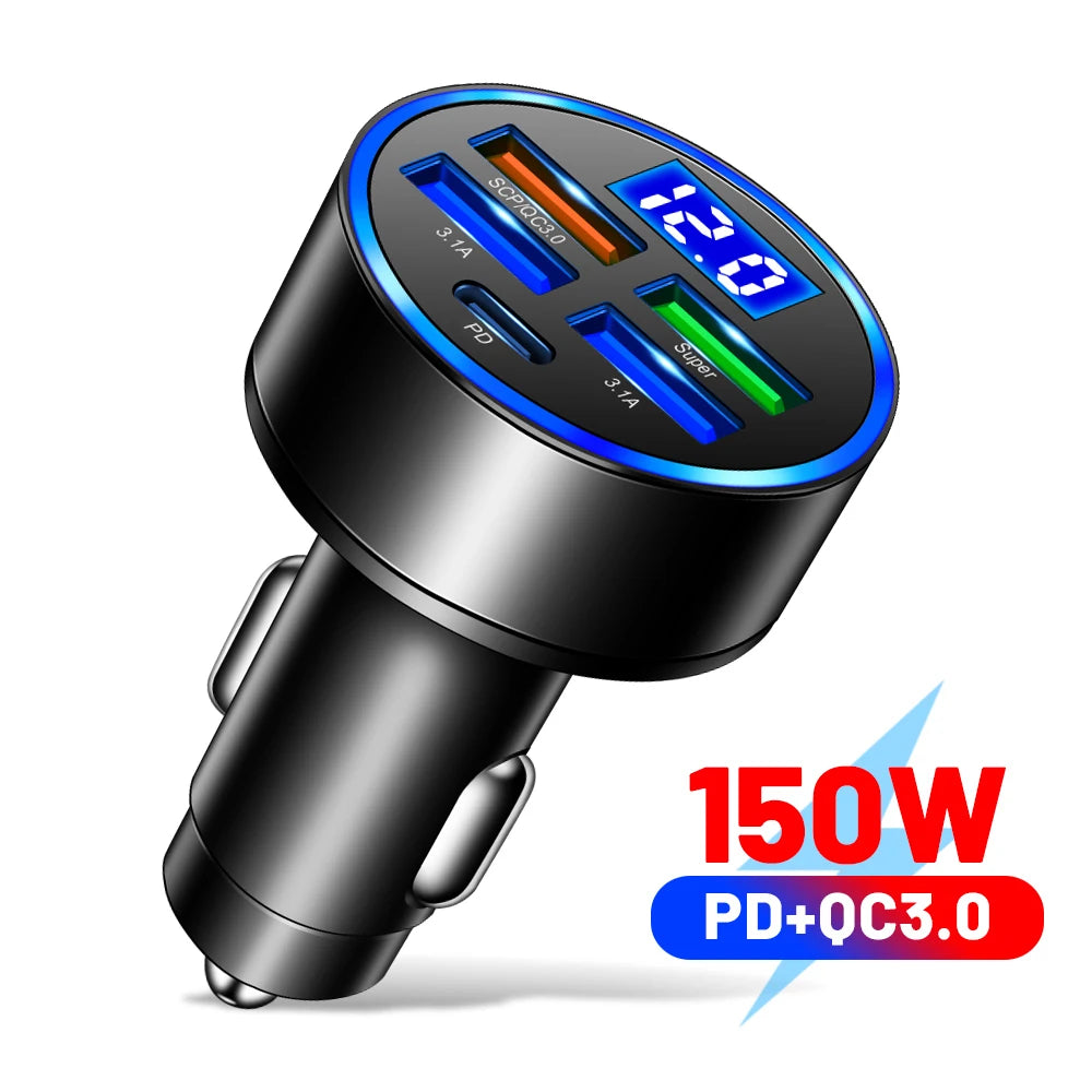 PD QC3.0 Car Charger with Digital Display for Vehicles 5 Port Volt display