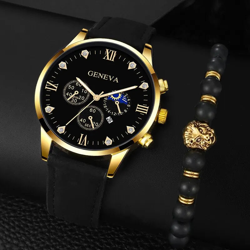 Men's Luxury Quartz Watch and Bracelet Set Black Gold