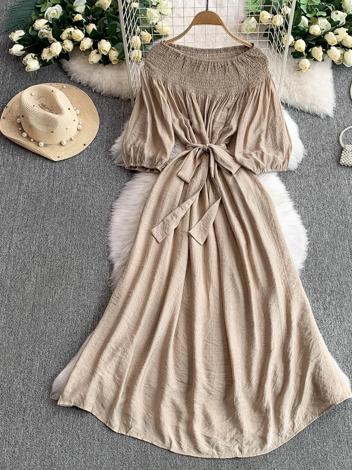Elegant Pleated One Shoulder Dress - Women's Waist Cinching Line Long Dress