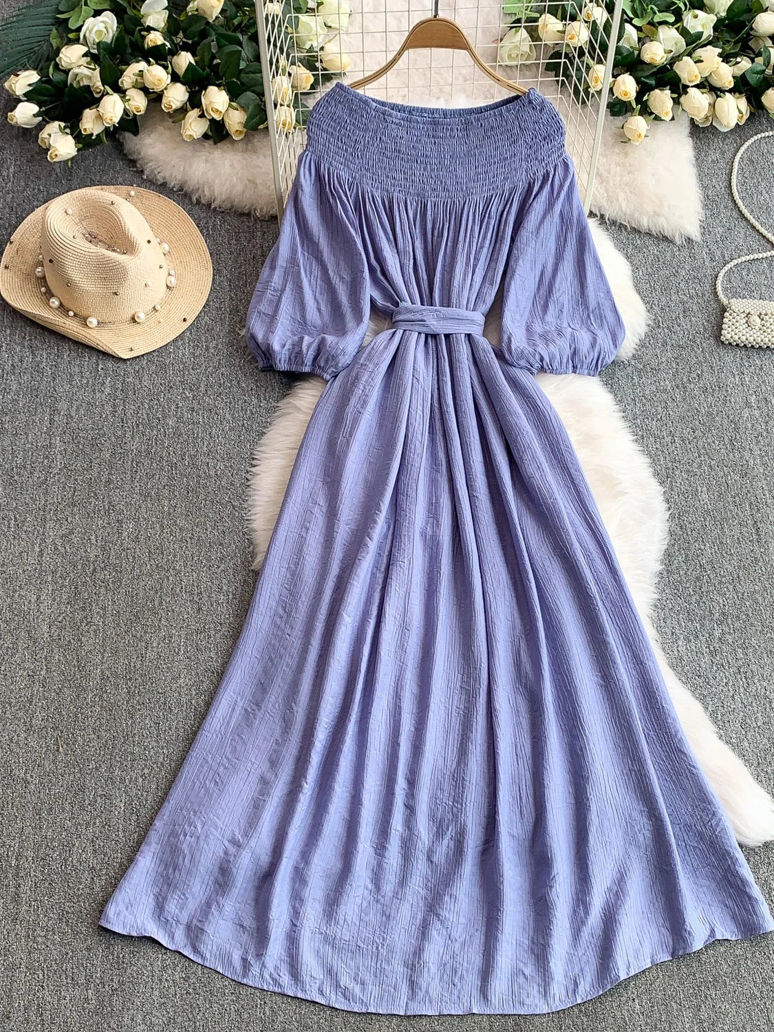 Elegant Pleated One Shoulder Dress - Women's Waist Cinching Line Long Dress