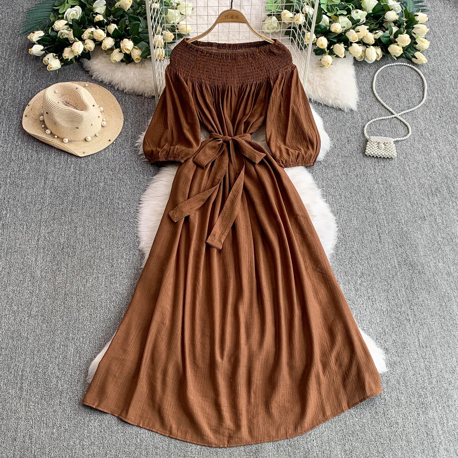 Elegant Pleated One Shoulder Dress - Women's Waist Cinching Line Long Dress One size fits all Light brown