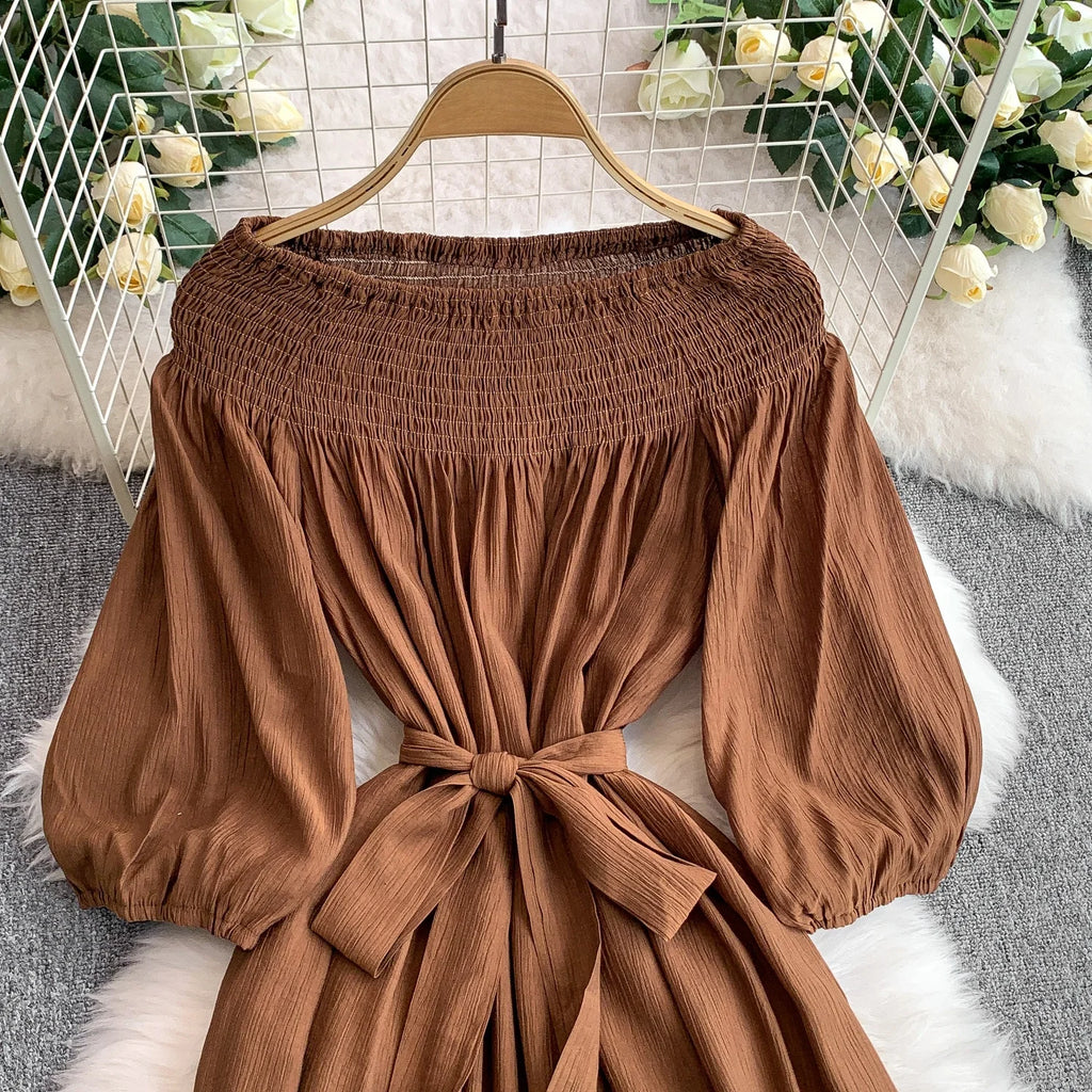 Elegant Pleated One Shoulder Dress - Women's Waist Cinching Line Long Dress